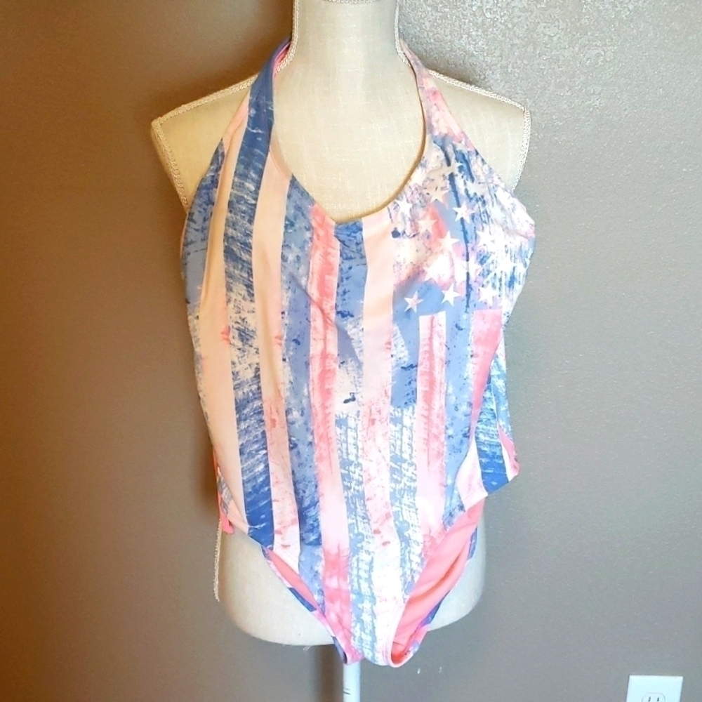 Xhilaration faded American flag print one piece tie back swimming suit